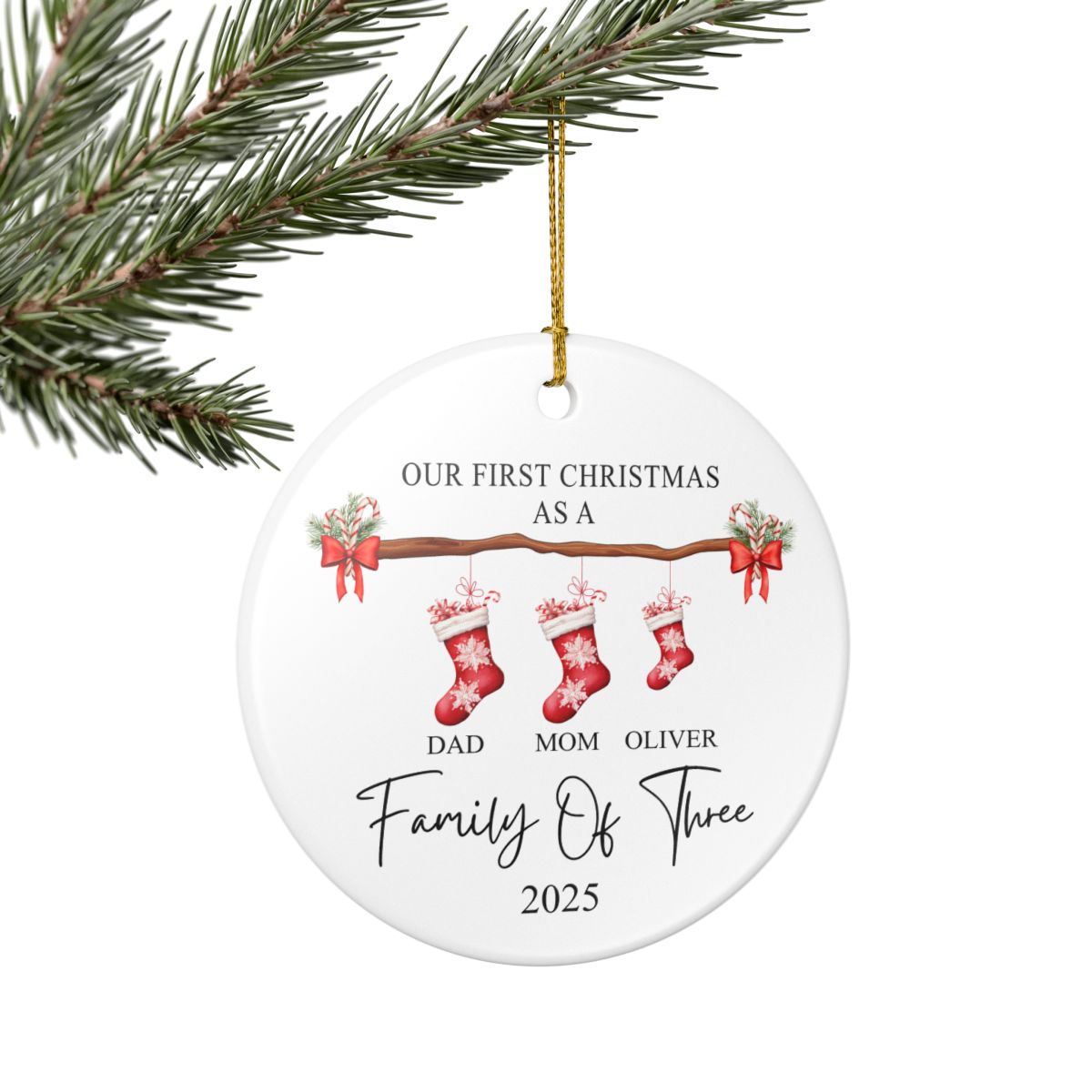 Personalized Family Christmas Ornament - Ceramic Stocking Design