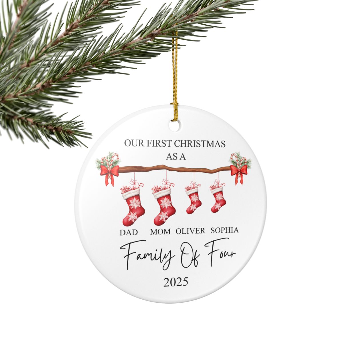 Personalized Family Christmas Ornament - Ceramic Stocking Design