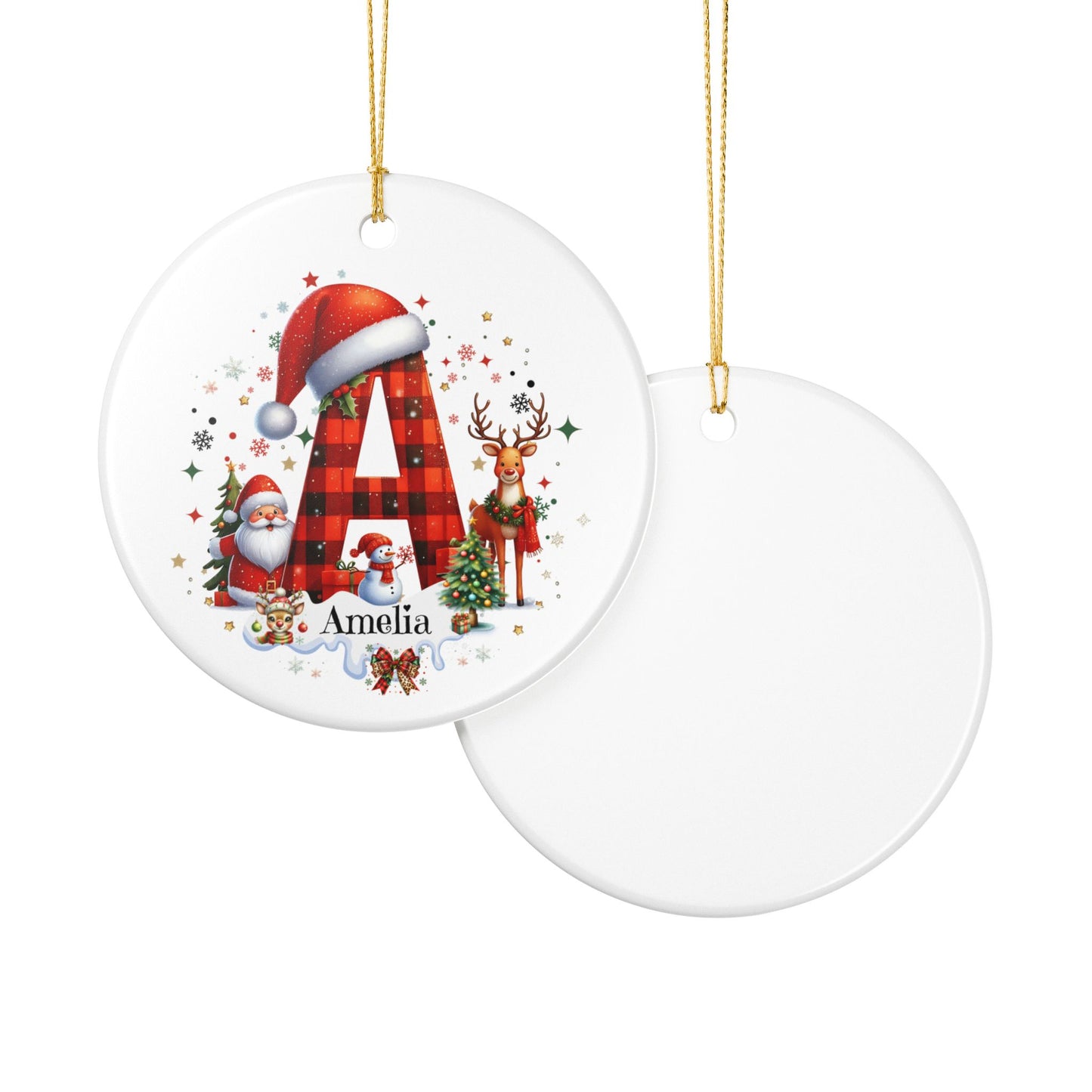 Personalized Ceramic Christmas Ornament with Santa and Reindeer