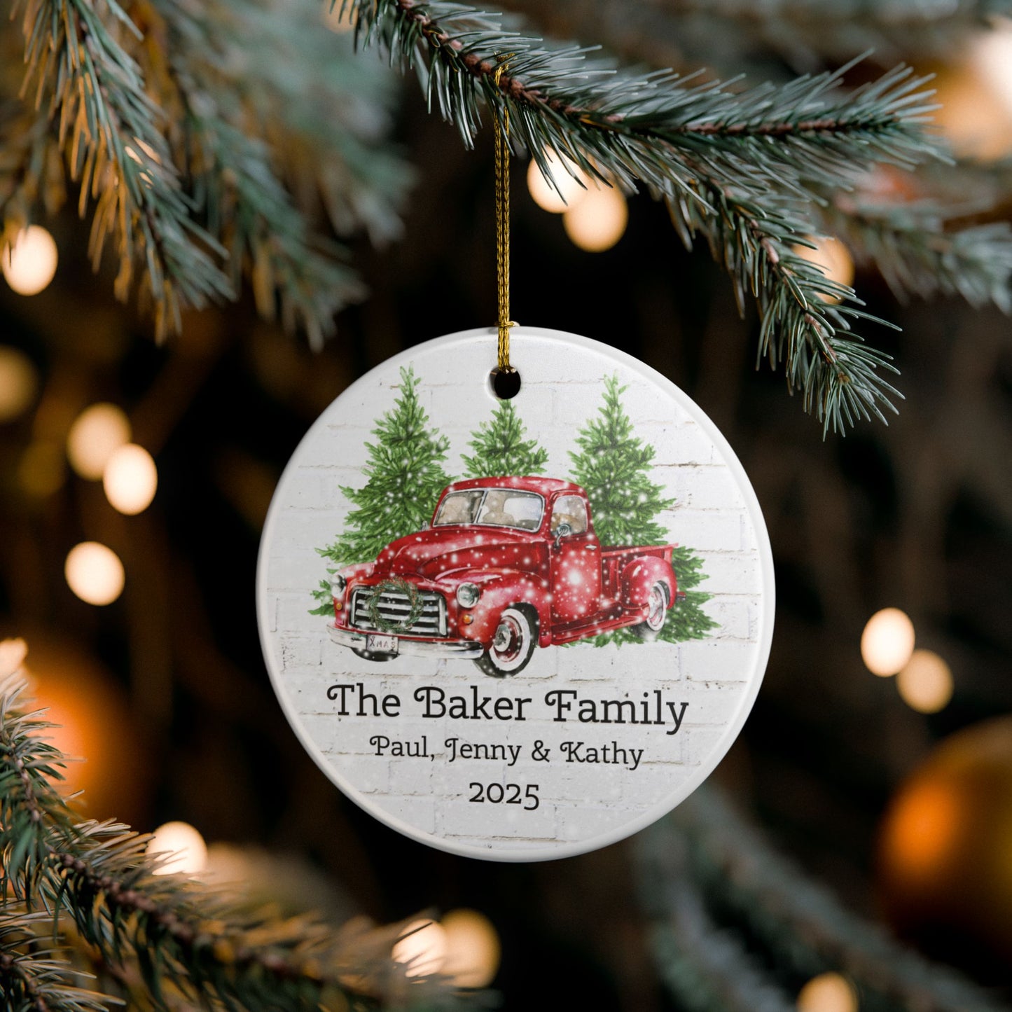 Personalized Ceramic Christmas Ornament with Vintage Red Truck
