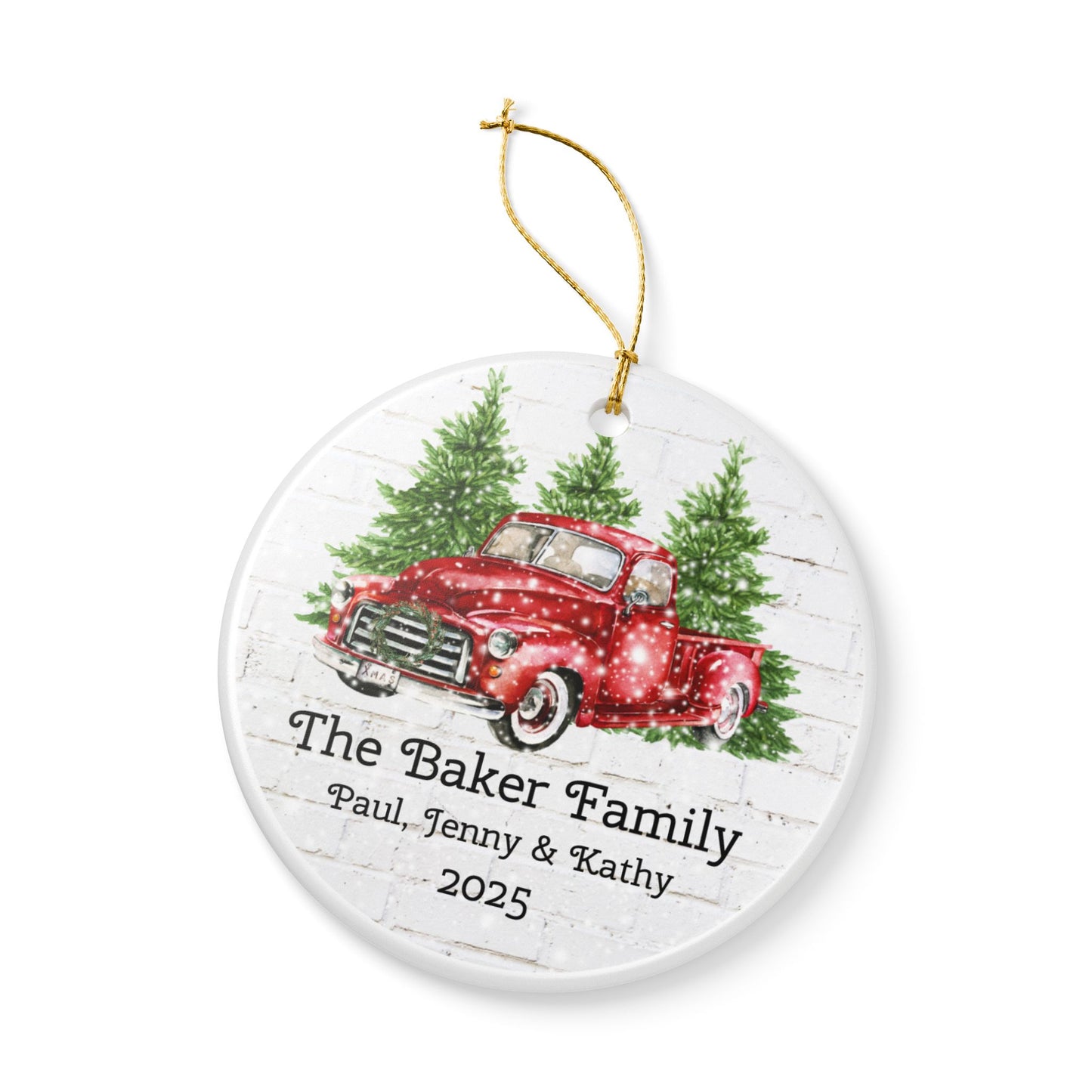 Personalized Ceramic Christmas Ornament with Vintage Red Truck