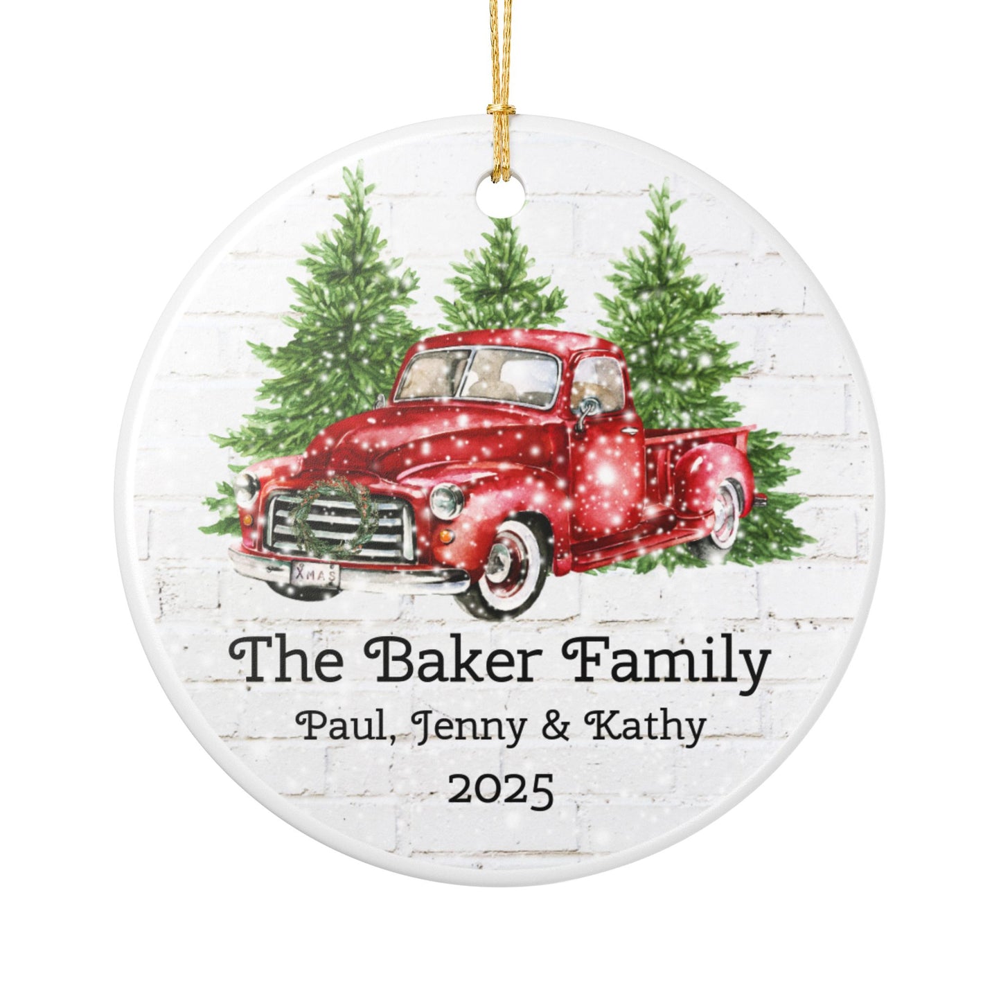 Personalized Ceramic Christmas Ornament with Vintage Red Truck