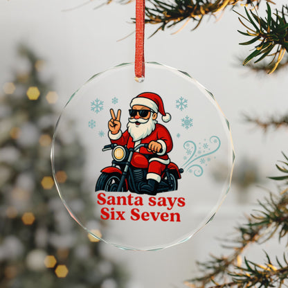 Biker Santa Claus Motorcycle Crystal Glass Christmas Ornament