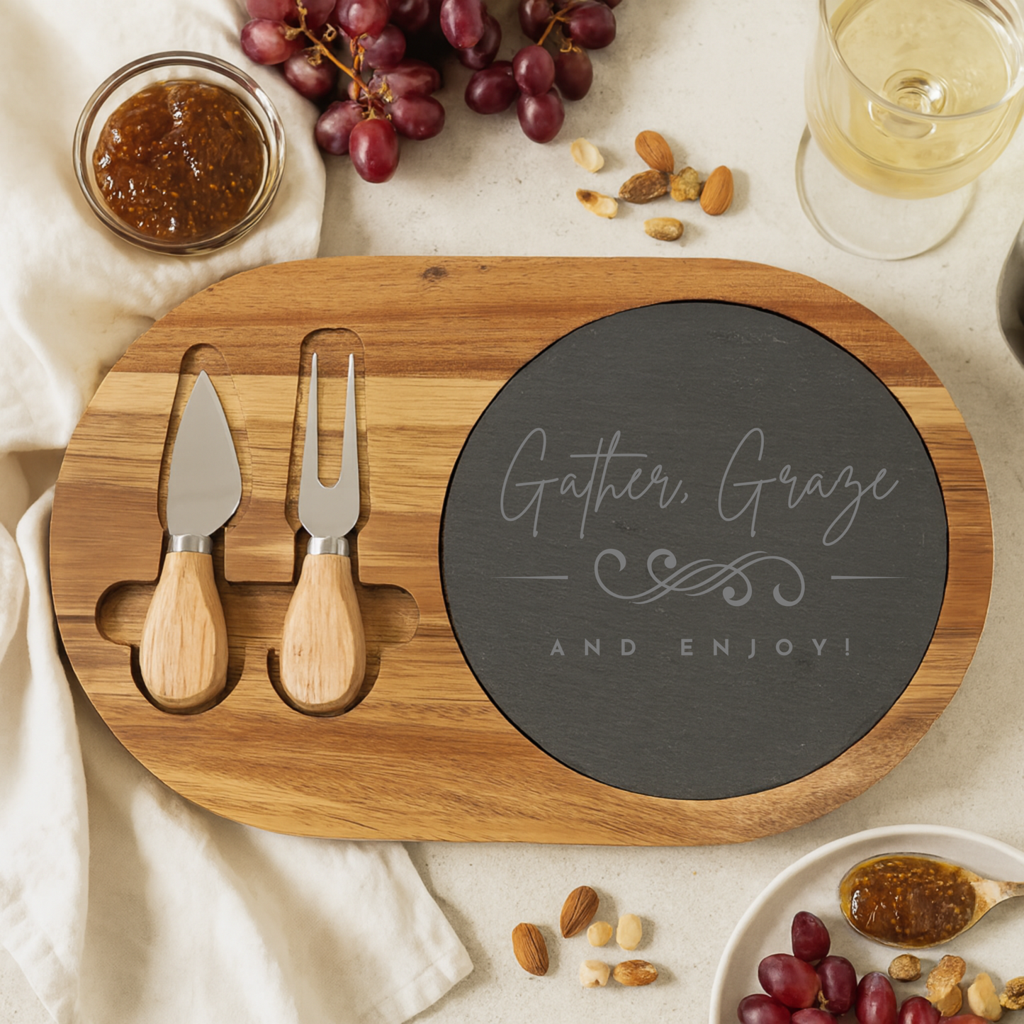 Personalized Acacia Wood Cheese Board Engraved On Slate/ Christmas Gift / Wedding Gift/ Birthday
