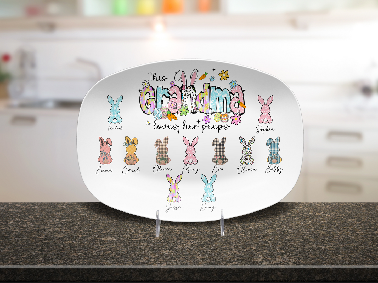 Personalized Easter Platter, Gift For Grandma, Mom, Mimi, Nana, Nanny, Gigi, Mama, Mother's Day, Pick Custom Bunny Peeps With Names On Plate