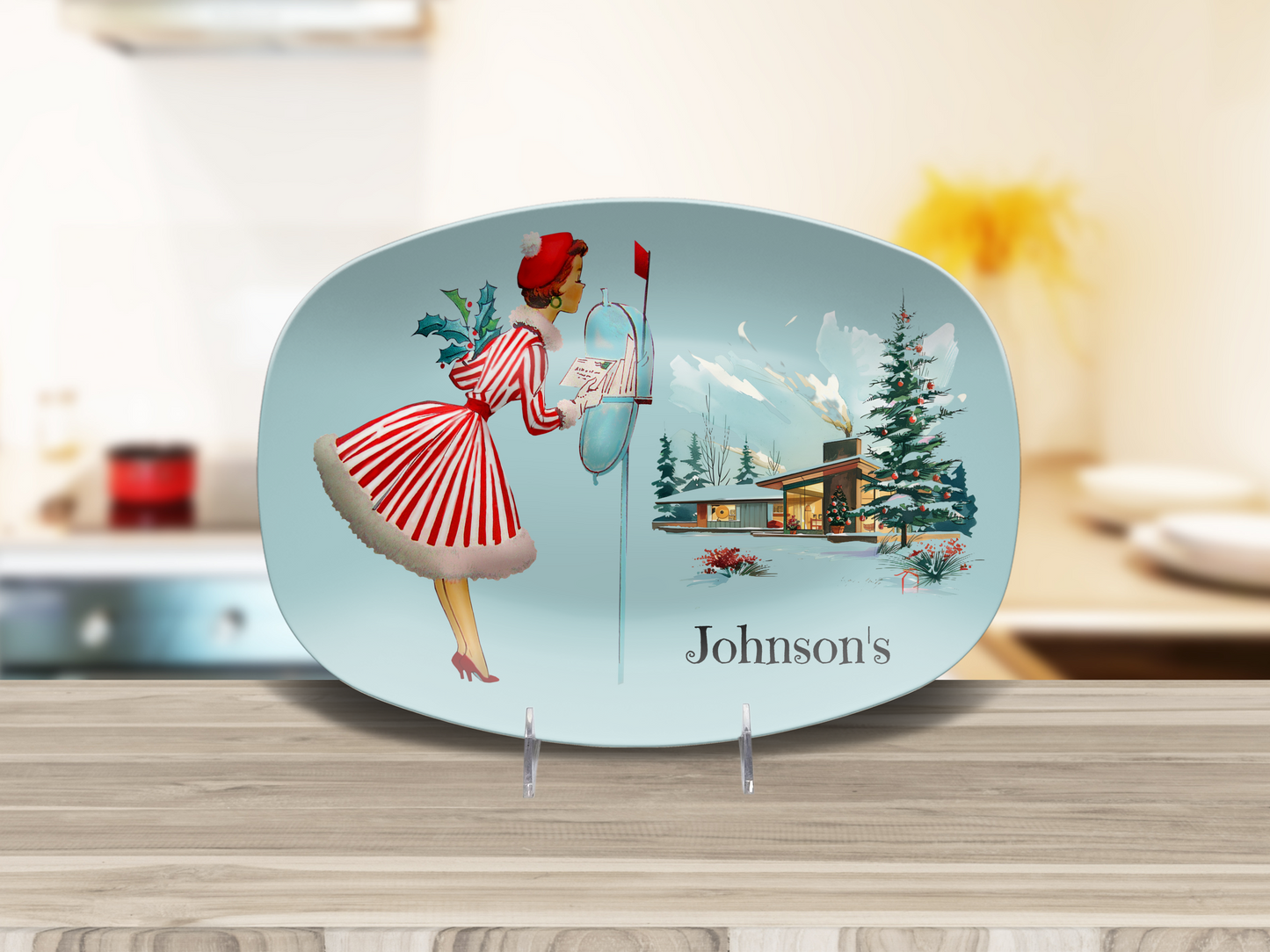 Light Blue Vintage Christmas Holiday Serving Platter