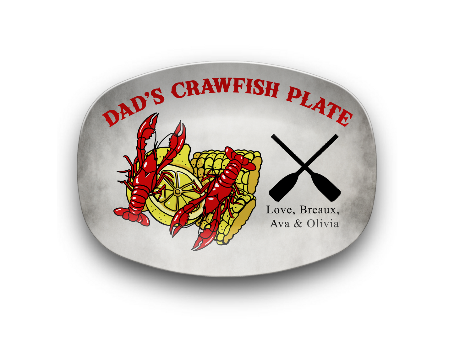 Personalized Dad's Crawfish Plate, Crawfish Design With Corn On The Cob And Lemons, Paddles With Custom Kids Names