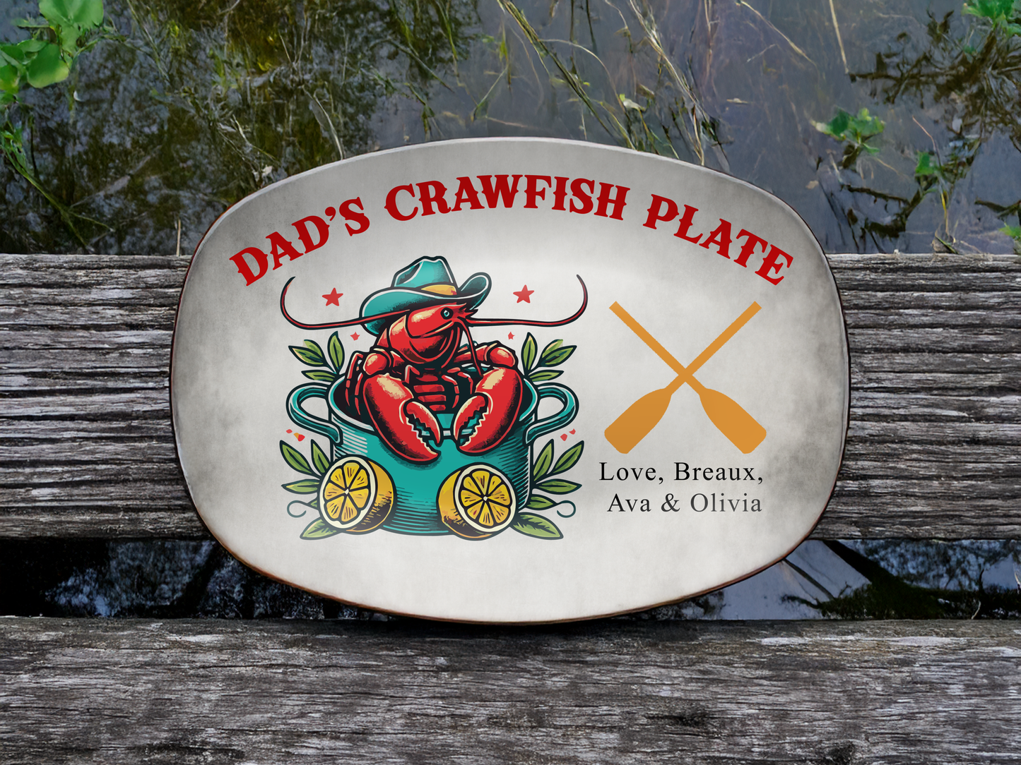 Personalized Dad's Crawfish Plate, Boiling Pot With A Crawfish Inside Wearing A Cowboy Hat