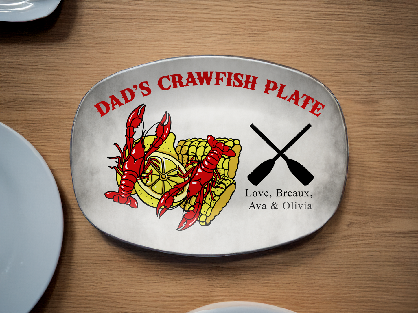 Personalized Dad's Crawfish Plate, Crawfish Design With Corn On The Cob And Lemons, Paddles With Custom Kids Names