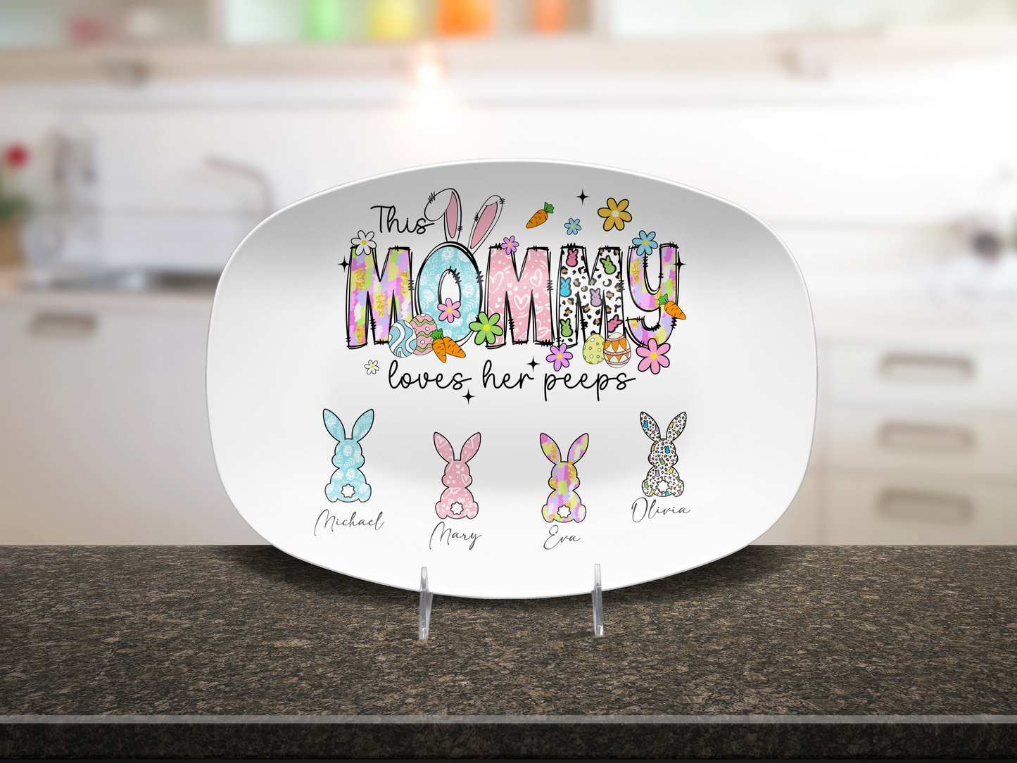 Personalized Easter Platter, Gift For Grandma, Mom, Mimi, Nana, Nanny, Gigi, Mama, Mother's Day, Pick Custom Bunny Peeps With Names On Plate