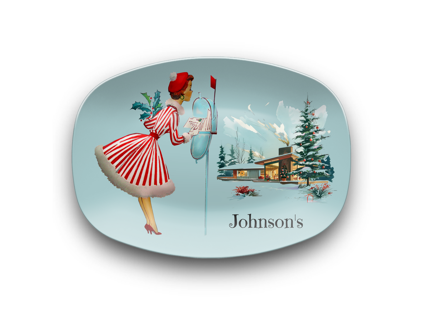 Light Blue Vintage Christmas Holiday Serving Platter