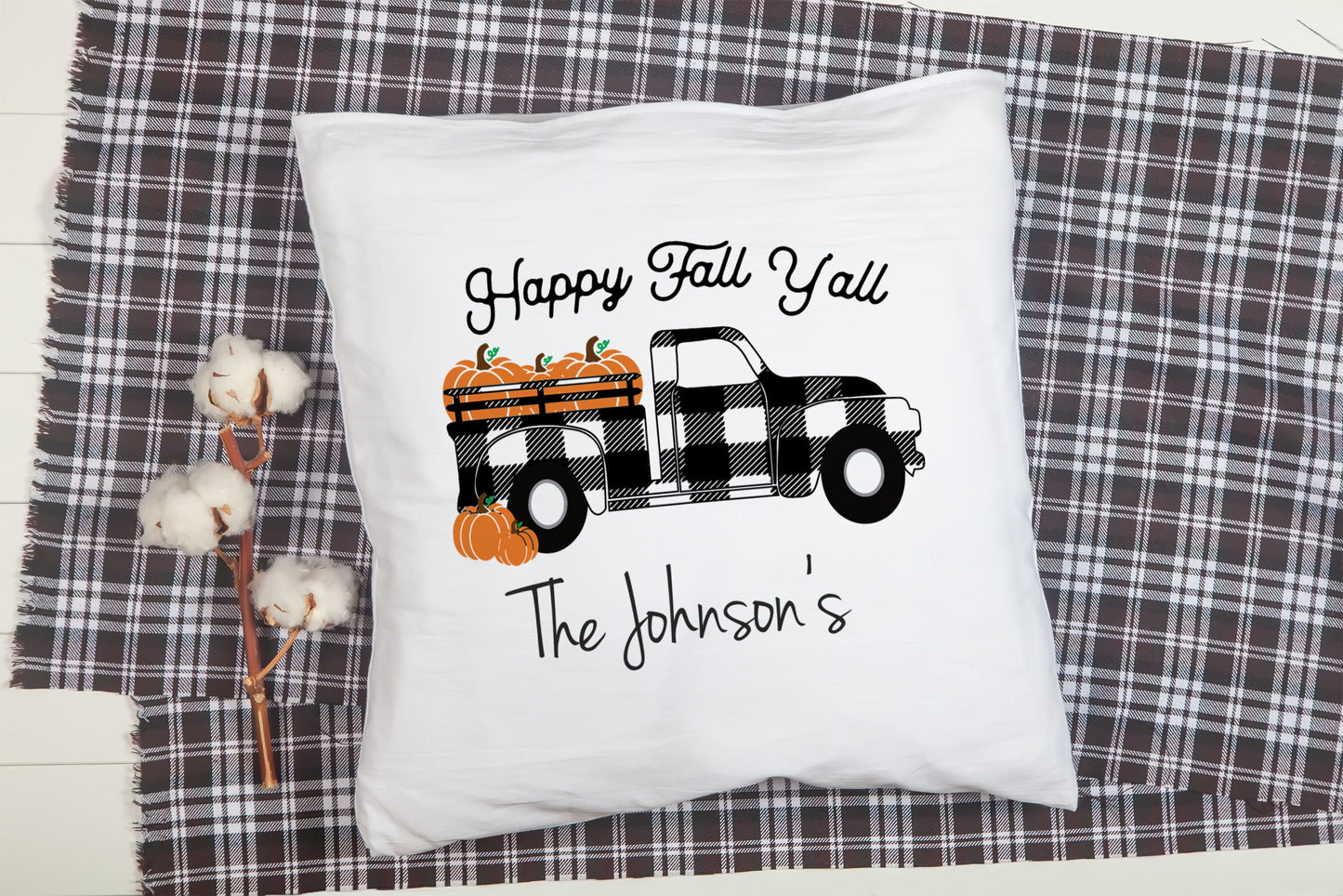 Personalized Fall Truck Pumpkin Plaid Pillow Case/Happy Fall Y'all