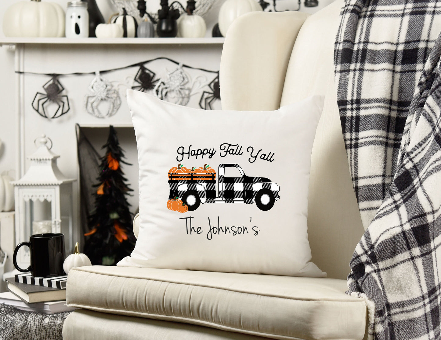 Personalized Fall Truck Pumpkin Plaid Pillow Case/Happy Fall Y'all