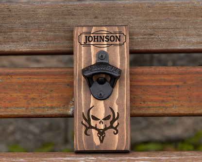 Wall Hanging Bottle Opener/Personalized With Name/Deer Skull Bone Collector/Man Cave Gift