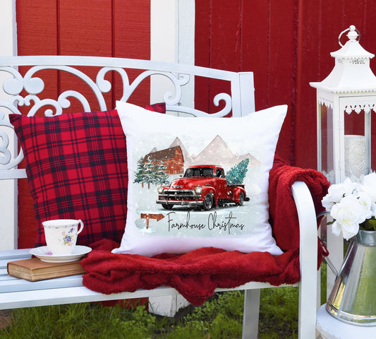 Red Christmas Pickup Truck/ Farmhouse Decor/ Farmhouse Christmas/ Pillow Case