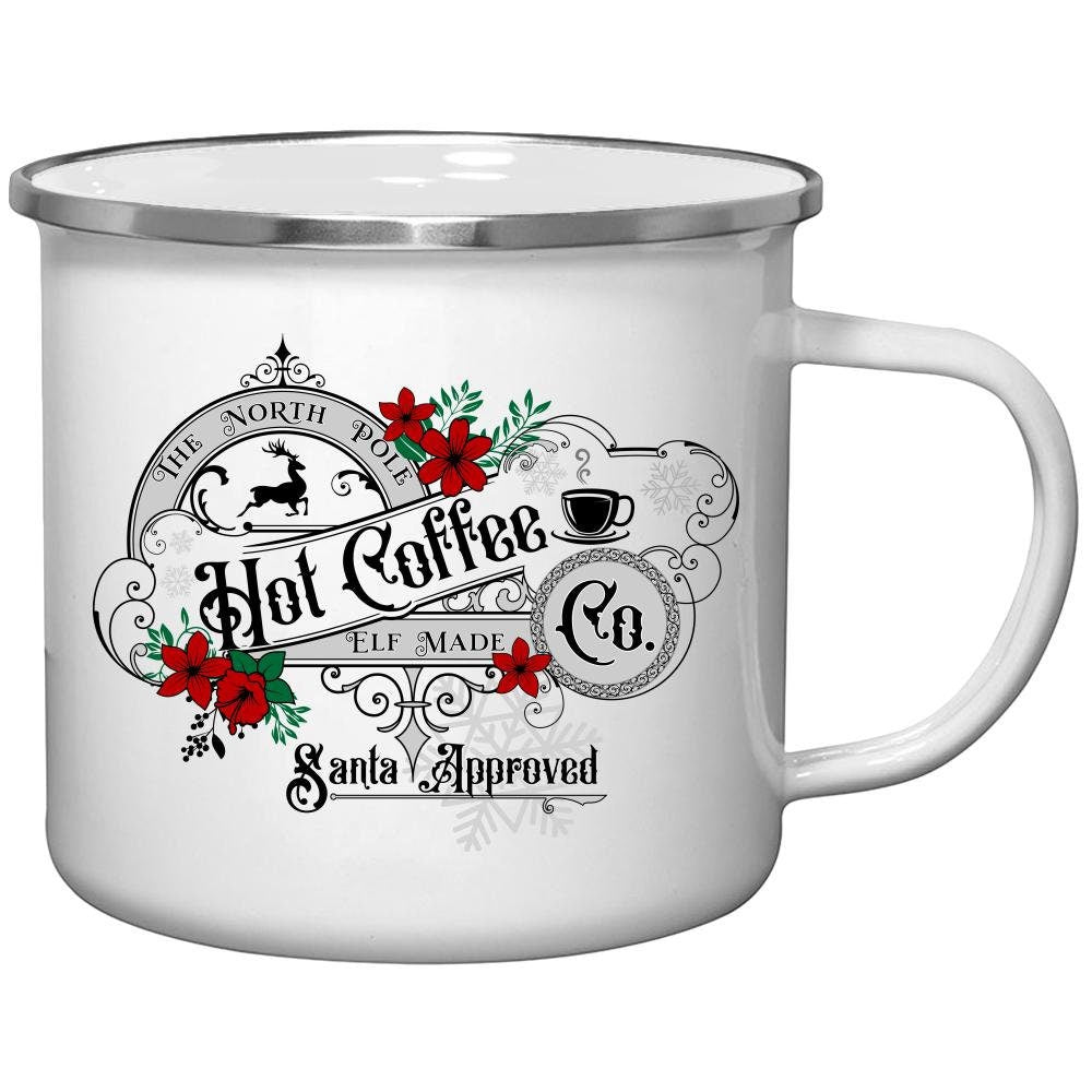 North Pole Hot Coffee Company/ Old Style Country/ Farmhouse Christmas Decor/12oz Camping Enamel Coated Metal Mug