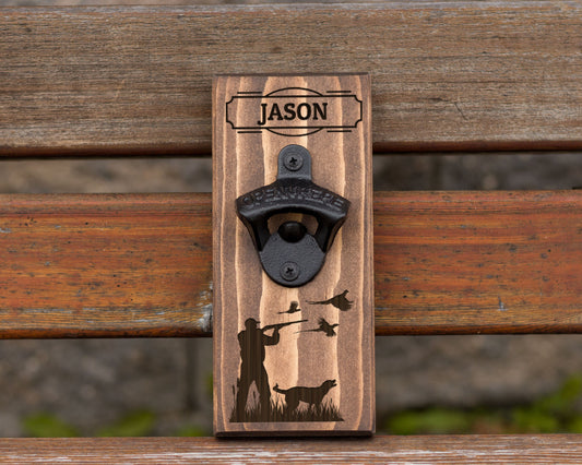 Wall Hanging Bottle Opener/ Personalized Pheasant Hunter With Labrador Dog/ Laser Engraved/ Hunting Gift For Man