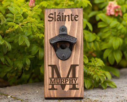 Slainte Wall Hanging Bottle Opener/ Personalized With Family Name/ Irish Australians/ Irish Beer Drinker Gift/ Man Cave Décor