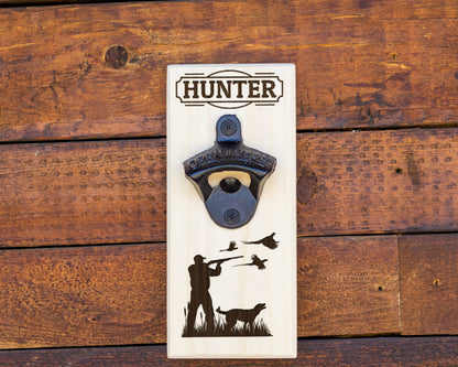 Wall Hanging Bottle Opener/Personalized Pheasant Hunter With Retriever/ Laser Engraved With Hunters Name/Hunting Gift For Man