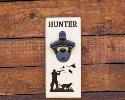 Wall Hanging Bottle Opener/Personalized Pheasant Hunter With Retriever/ Laser Engraved With Hunters Name/Hunting Gift For Man