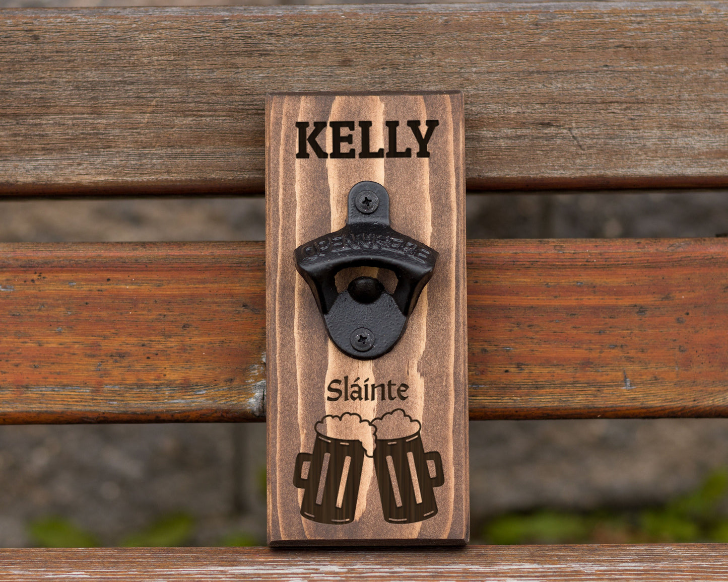 Slainte Wall Hanging Bottle Opener/ Personalized With Family Name/ Irish Australians/ Irish Beer Drinker Gift/ Beer Mugs/ Man Cave Décor