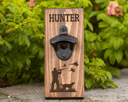 Wall Hanging Bottle Opener/Personalized Pheasant Hunter With Retriever/ Laser Engraved With Hunters Name/Hunting Gift For Man