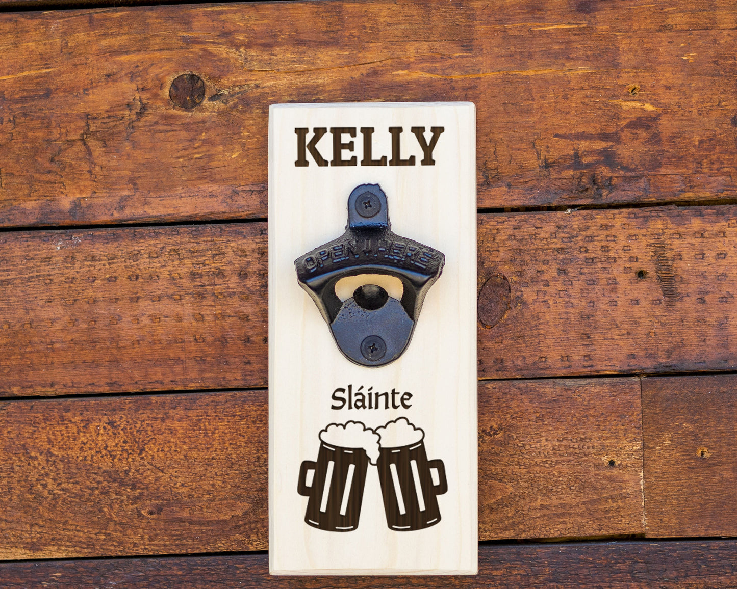 Slainte Wall Hanging Bottle Opener/ Personalized With Family Name/ Irish Australians/ Irish Beer Drinker Gift/ Beer Mugs/ Man Cave Décor