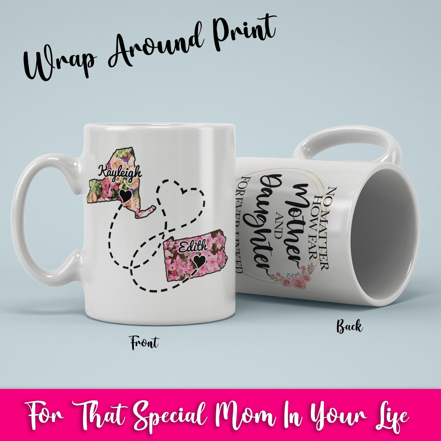 No Matter How Far Mother and Daughter Forever Linked Together Coffee Mug, Long Distance Mother's Day Gift, Custom With Names, Gift For Mom