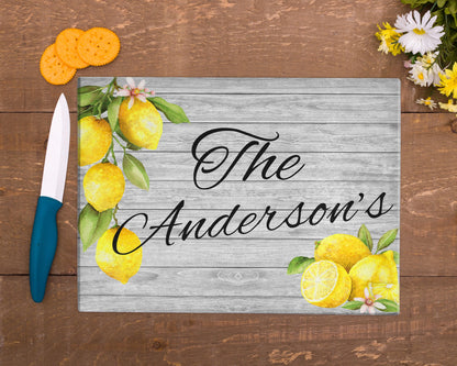 Personalized Lemon Glass Cutting Board/ Custom Name Lemon Kitchen Decor/ Farmhouse Decor/ Wedding Present/ House Warming Present