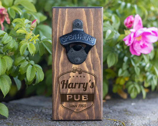 Wall Hanging Bottle Opener/ Personalized Pub Tavern With Name And Date/ Man Cave Gift/ Bar Gift