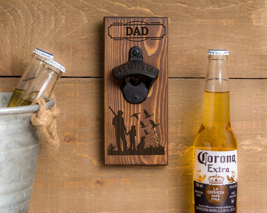 Wall Hanging Bottle Opener/Personalized Dad Hunting Ducks With Daughter And Dog/ Engraved With Name/ Gifts For Dad/ Father's Day Gift