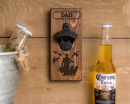 Wall Hanging Bottle Opener/Personalized Duck Hunter With 2 Dogs/ Laser Engraved With Hunters Name/ Duck Hunting Gifts For Men