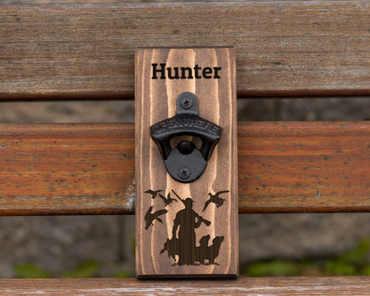 Wall Hanging Bottle Opener/Personalized Duck Hunter With 2 Dogs/ Laser Engraved With Hunters Name/ Duck Hunting Gifts For Men