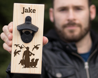 Wall Hanging Bottle Opener/Personalized Duck Hunter With 2 Dogs/ Laser Engraved With Hunters Name/ Duck Hunting Gifts For Men