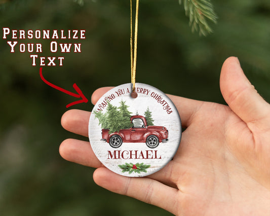 Personalized Red Farm Christmas Truck/ Ceramic Christmas Ornament/  Custom With Name/ Christmas Gift