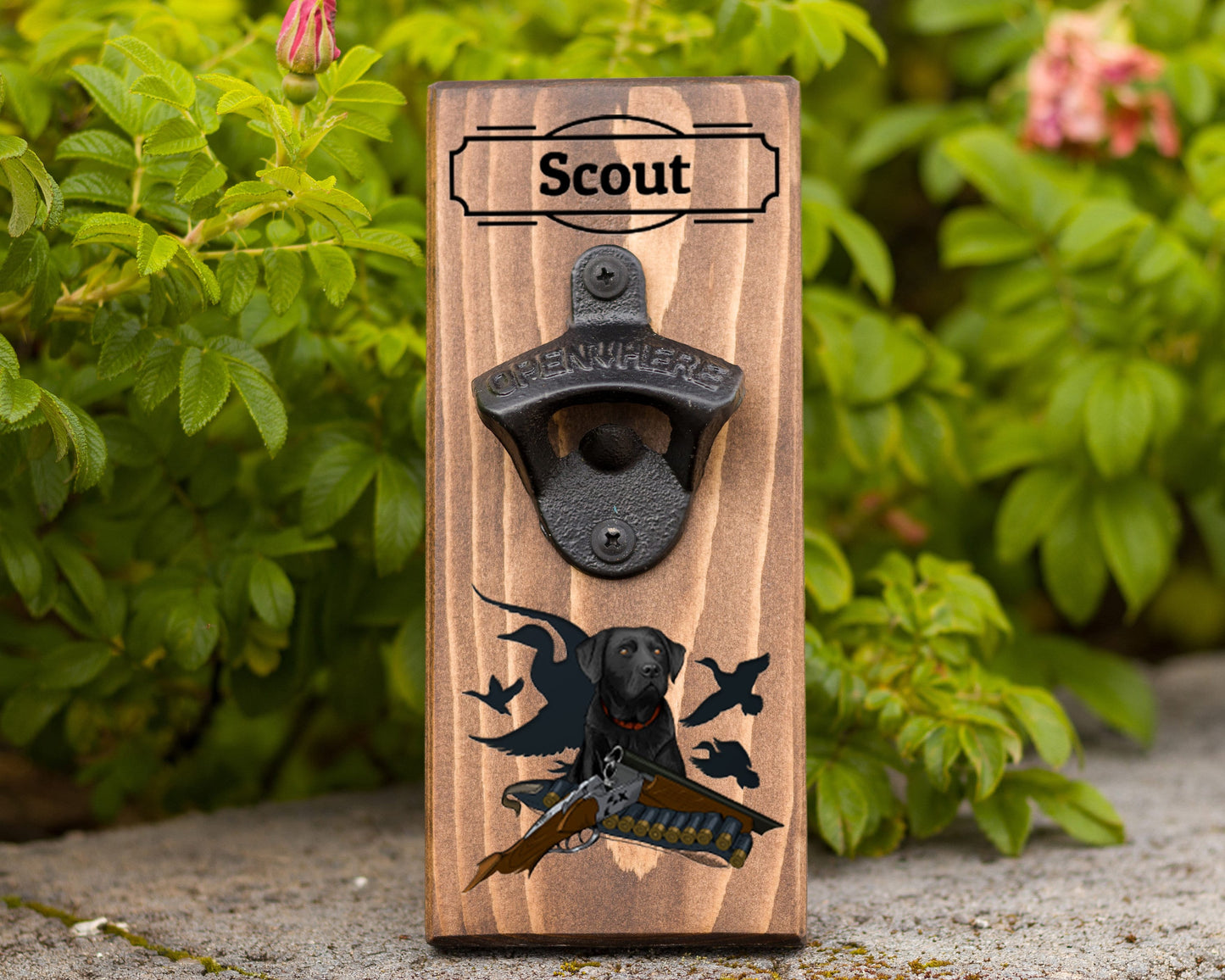 Wall Hanging Bottle Opener/Personalized Black Lab Duck Hunting Dog/ UV Colored Printed With Any Name/Hunting Gift For Any Duck Hunter