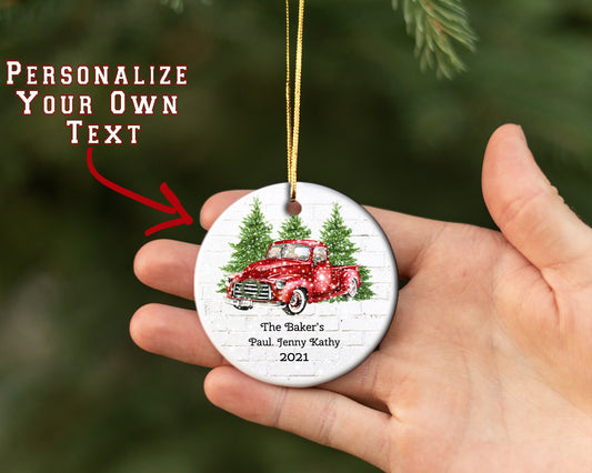 Personalized Red Farm Christmas Truck/ Ceramic Christmas Ornament/  Custom With Names And Date/ Christmas Gift