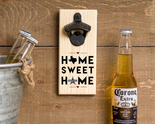 Custom Wall Hanging Bottle Opener/ Home Sweet Home/ Your State Silhouette On Natural Pine/ Football Fans/ Beer Drinker Gift/ Man Cave Décor