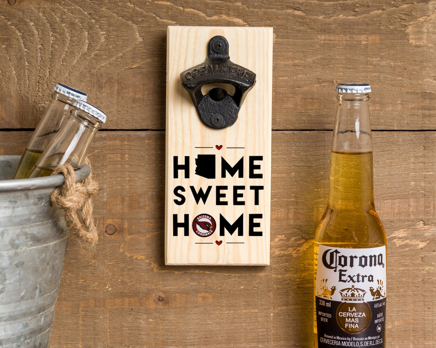 Custom Wall Hanging Bottle Opener/ Home Sweet Home/ Favorite State Silhouette Natural Pine/ Sport Fans/ Beer Drinker Gift/ Man Cave Décor