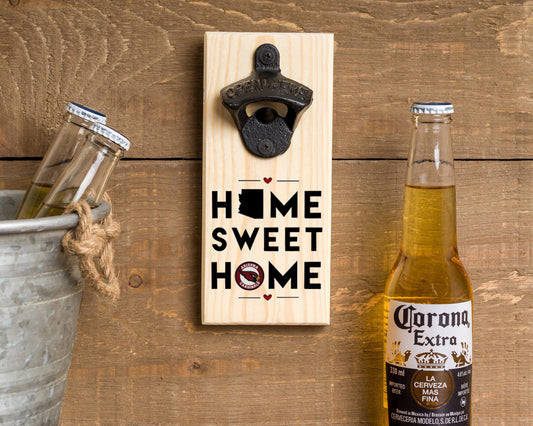 Custom Wall Hanging Bottle Opener/ Home Sweet Home/ Favorite State Silhouette Natural Pine/ Sport Fans/ Beer Drinker Gift/ Man Cave Décor