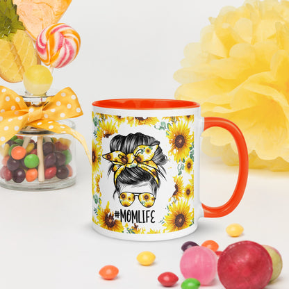 Mother's Day Sunflower Floral Mom Life Messy Bun Hair Mug with Color Inside/Sunflower Burst/ Birthday Mug