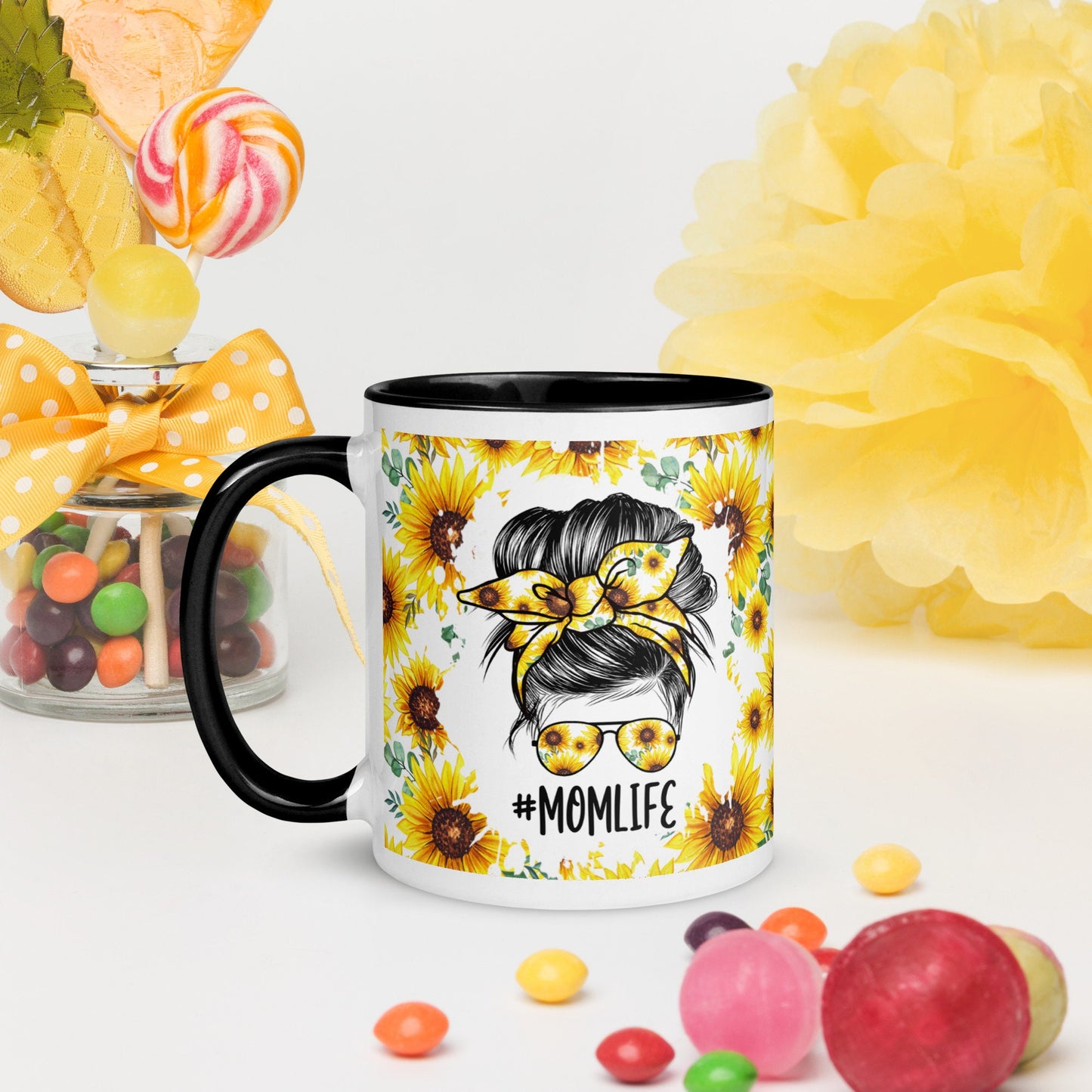 Mother's Day Sunflower Floral Mom Life Messy Bun Hair Mug with Color Inside/Sunflower Burst/ Birthday Mug