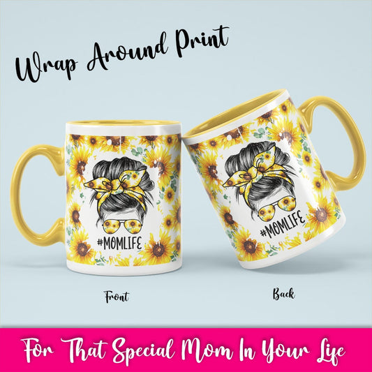 Mother's Day Sunflower Floral Mom Life Messy Bun Hair Mug with Color Inside/Sunflower Burst/ Birthday Mug