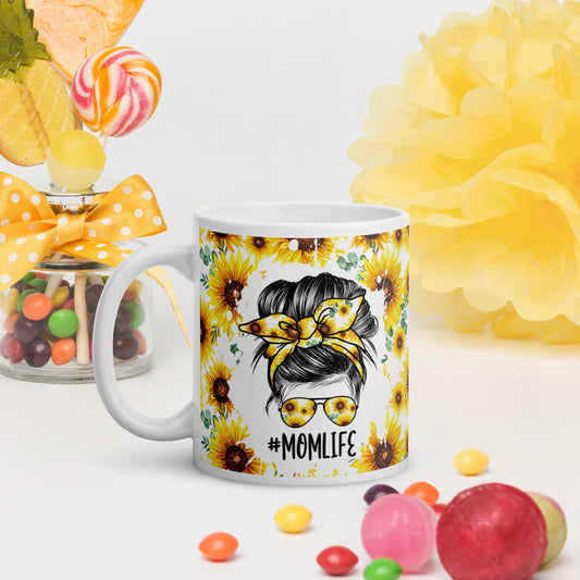 Mother's Day Sunflower Floral Mom Life Messy Bun Hair Mug/ Sunflower Burst/ Birthday Mug