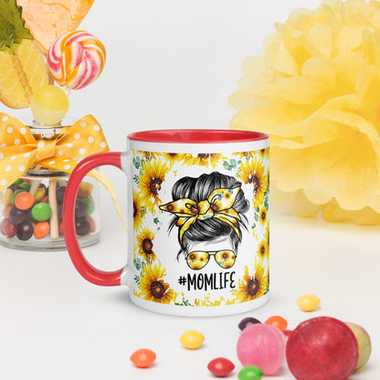 Mother's Day Sunflower Floral Mom Life Messy Bun Hair Mug with Color Inside/Sunflower Burst/ Birthday Mug