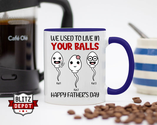 Personalized Father's Day Mug, We Used To Live In Your Balls Mug, Funny Gifts For Dad, Dad Mug, Dad Birthday Gifts, Custom With Kids Name