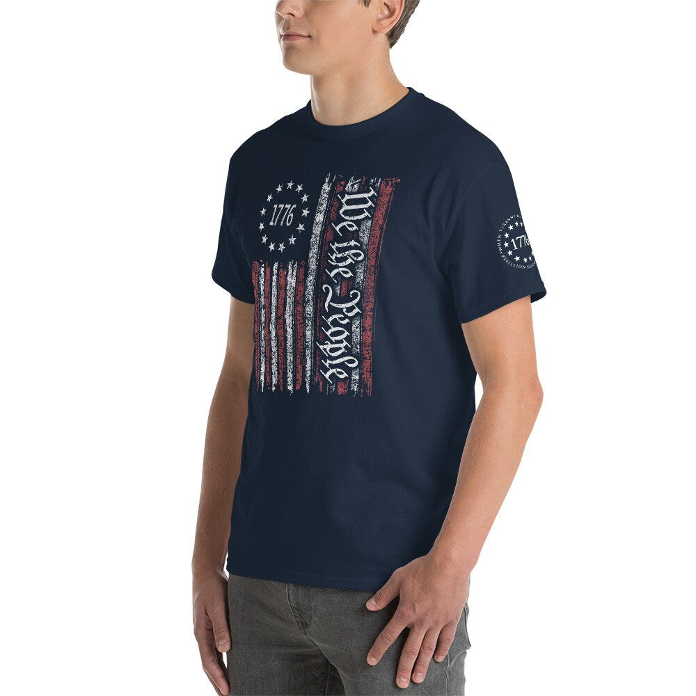 Patriotic Tshirt, We The People Flag Shirt, Vintage USA Flag 1776, When Tyranny Becomes Law Rebellion Becomes Law Emblem on Sleeve