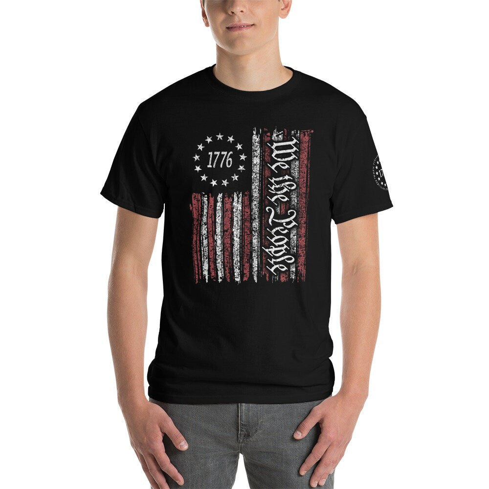 Patriotic Tshirt, We The People Flag Shirt, Vintage USA Flag 1776, When Tyranny Becomes Law Rebellion Becomes Law Emblem on Sleeve