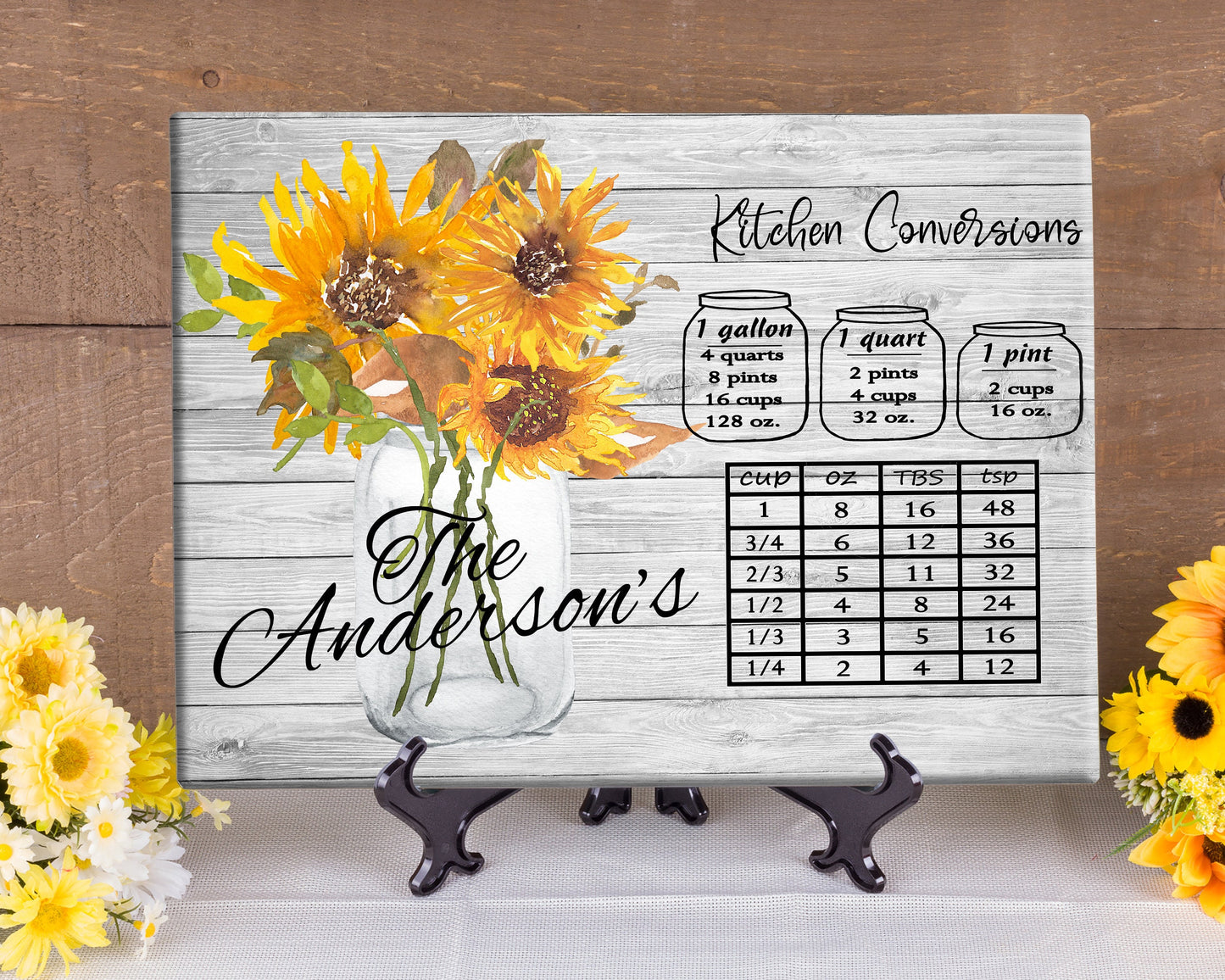 Personalized Glass Cutting Board/ Country Jar Full of Sunflowers on Grey Barn Board Background/ Farmhouse Decor/ Wedding Present