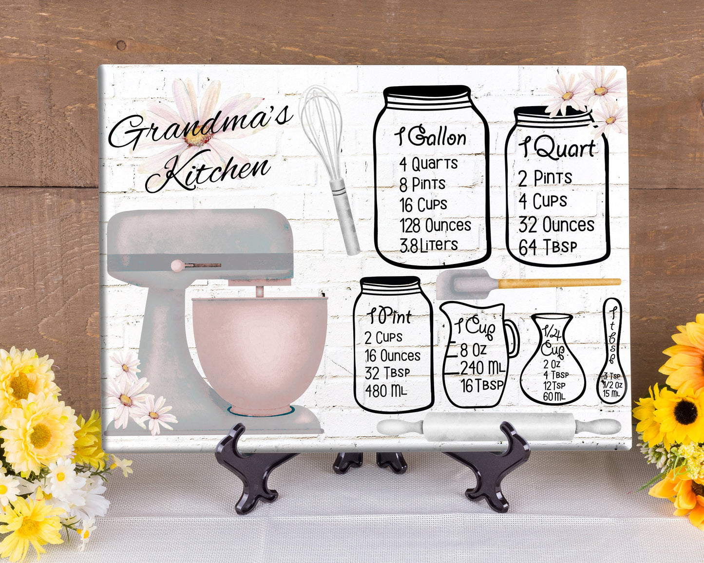 Personalized Glass Cutting Board/ Conversion Chart With Cooking Mixer on  Country Brick Background/ Farmhouse Decor/ Cooker Present